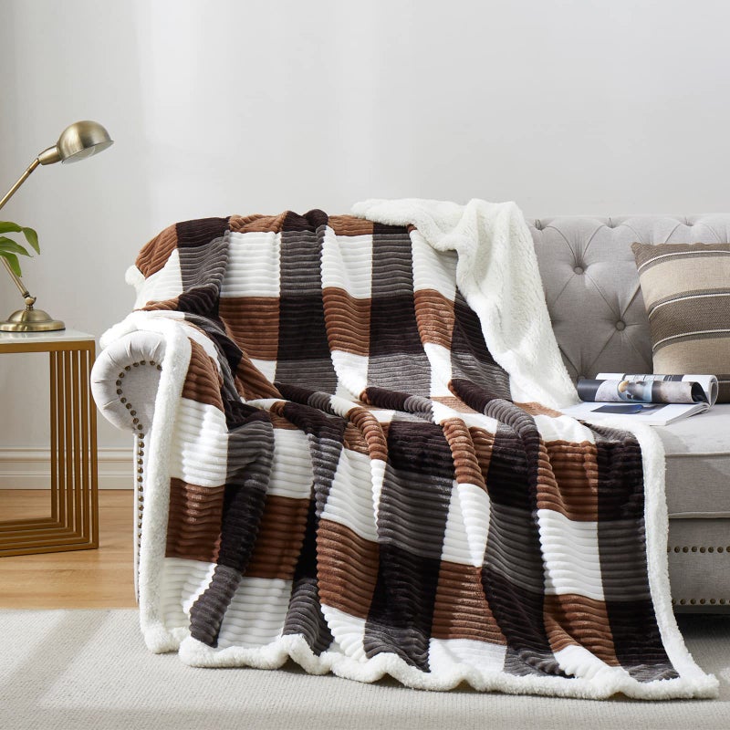 PU MEI Sherpa Blanket Twin Plaid Thick Bed Blanket  60 *80  Super Soft Flannel Fuzzy Fleece Reversible Velvet Plush Warm Blanket for Couch(Brown-Check  60""*80"") - Image 1